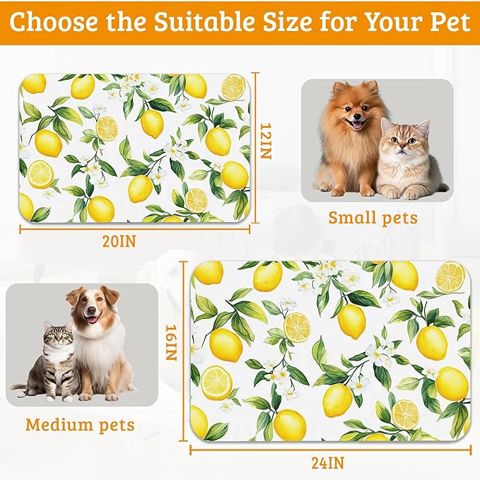 Lemon Feeding Mat,Green Leaves Absorbent Quick-Dry Cat Dog Food and Water Bowl Mats,Non-Slip Rubber Backing Mat,Cat Dog Accessories Supplies 16" x 24"