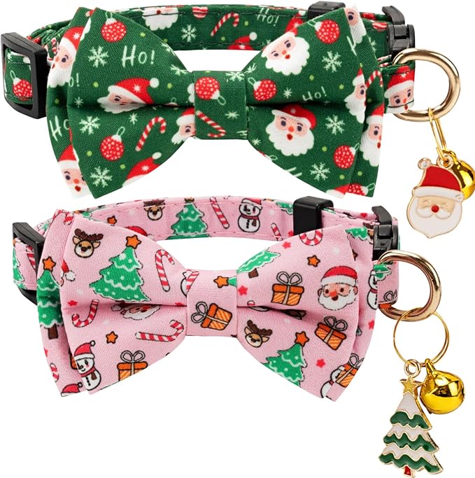2 Pack Christmas Cotton Cat Collar with Bow Tie and Bell for male Female Cats,Soft Fancy Breakaway Kitty Kitten Collar with Tree & Santa Patterned Design for Boy Girl Cats. (Tree & Santa Claus)