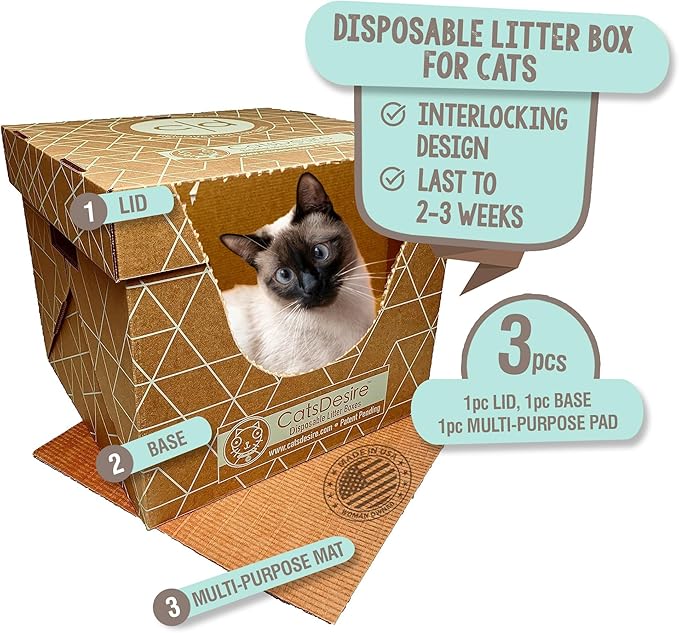Cats Desire Litter Box - Disposable Litter Boxes for Cats (3 pcs) - Top/Low Entry & Enclosed Box - Teal on Natural Brown, Partially Recycled Cardboard, 17" L x 17" W x 15.25" H