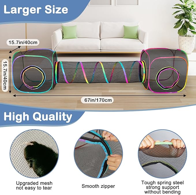 Outdoor Cat Enclosures Portable Cats Tunnel with Carry Bag Breathable Kitty Tent Outdoor with 2 Mouse Toys Outside Cat Enclosure for Indoor Cats (2 Cubes + Run Tunnel)