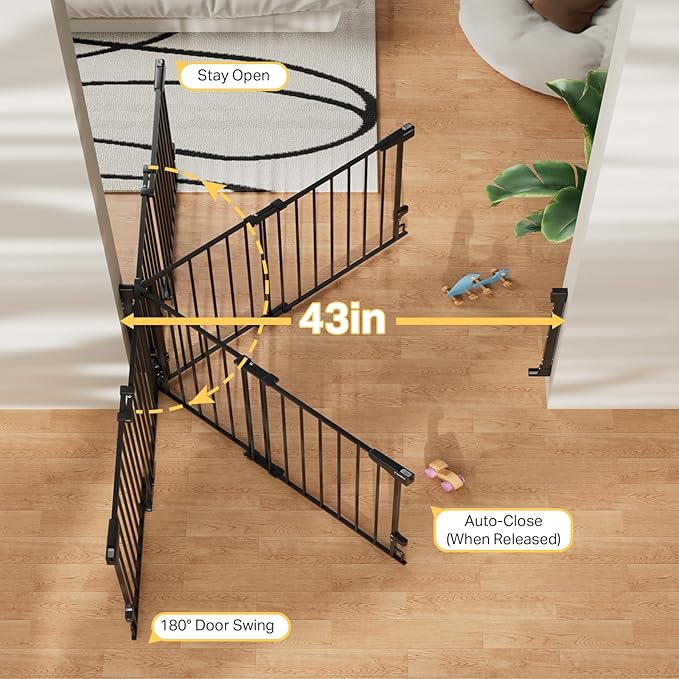 Cumbor 34" Extra Tall No Bottom Bar Baby Gate for Stairs, Wall Mounted Dog Gate Indoor for Larger Pets, Expandable 29.2-43" Safety Gate for Doorways, Wide Walk Thru Door for Easy Access (Black)