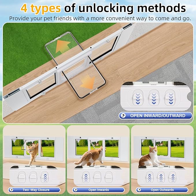 Full Size Cat Door Window Insert, fits 23'‘-28’' Various Sliding Windows, 4 Flexible Locking Modes, High-Definition, high-Transparency cat Door for Windows, Magnetic Reset Design