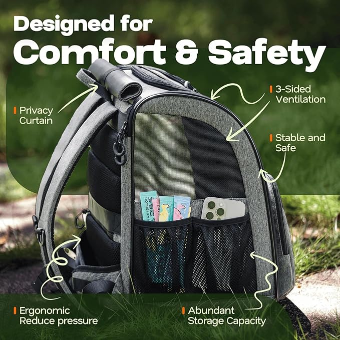 Premium Dog & Cat Carrier Backpack for Travel, Hiking & Vet Visits - Solid Durable Pet Backpack with Breathable Mesh, Safety Strap, Anti-Anxiety Curtain & Storage Pockets, Gray