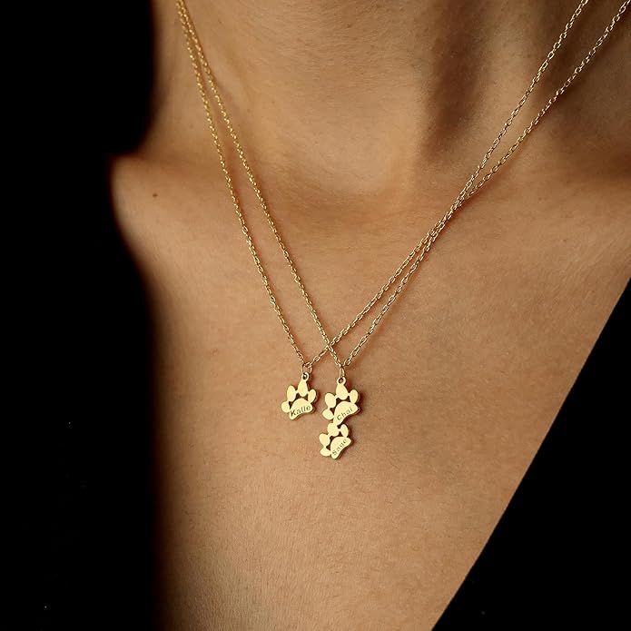 Personalized Cute Dog Cat Paw Name Necklace Forever Love Custom Heart Pendant Pet Name Necklace Gift for Pet Lovers