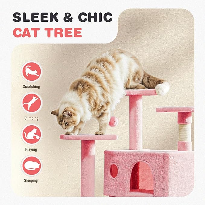 Cat Tree 54 Inch, Multi-Level Cat Tower with Condo, Perches, Sisal Scratching Posts and Climbing Ladder, Pet Play Toy Balls House for Indoor Cats, Pink