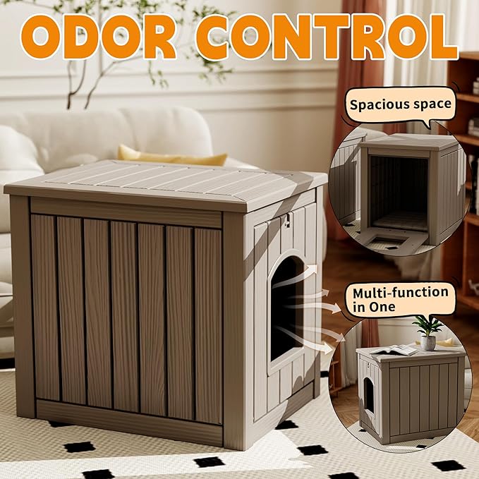Cat Litter Box Enclosure, Multi-Functional Hidden Litter Box Furniture & Indoor Outdoor Cat House with Side Table Design, Openable Front Door & Raised Floor, Easy to Clean & Assemble, Grey