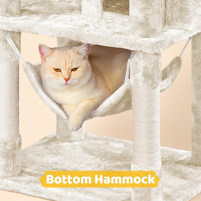 Yaheetech Cat Tree, 67in Large Tower w/ 3 Removable Teaser Sticks, 2 Kitten-Ear Shaped Perches, 2 Condos, Hammock, Scratching Post, Multi Level Pet House, Beige