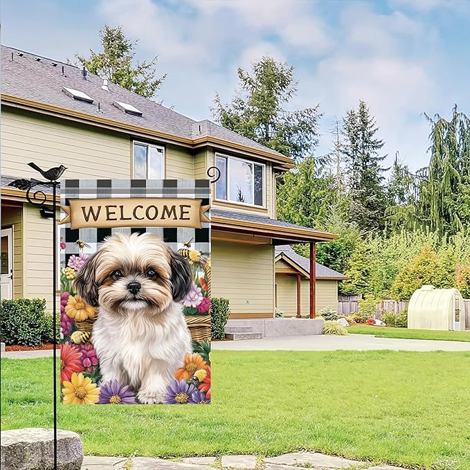 Spring Summer Garden Flag Shih Tzu Dog Flag 12x18 Inch Double-Sided Cute Puppy Yard Banner Buffalo Plaid Floral Outdoor Decor for Porch Lawn Pathway Dog Lover Housewarming
