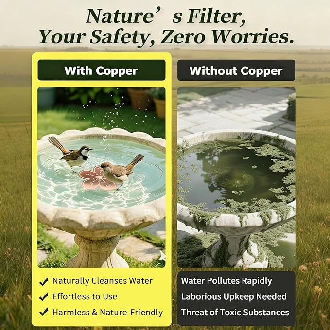 Bird Bath Copper Disk, 99.9% Pure Copper Disk, 5-Point Support, Solar Fountain Compatible, All-Season Safe Cleaner for Copper Plate/Disc, Garden/Yard/Patio Bird Lovers