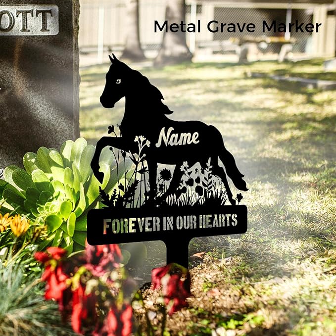 Personalized Horse Grave Marker Custom Memorial Stake, Metal Graveside Sign Tombstone, Memorial Gift, Remembrance Plaque, Horse in Flower Sympathy Sign, Outdoor Garden Decor