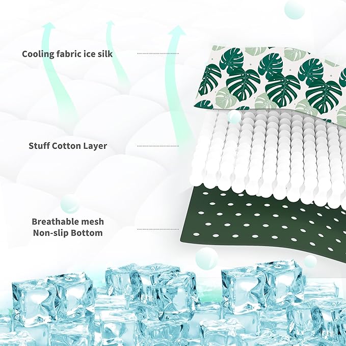 NWK Pet Cooling Mat - Ice Silk Cooling Mat for Dogs & Cats Portable & Washable Pet Cooling Blanket, Car Seats, Beds for Summer (1, Green Leaf, 39'' X 27'' X 0.3'')