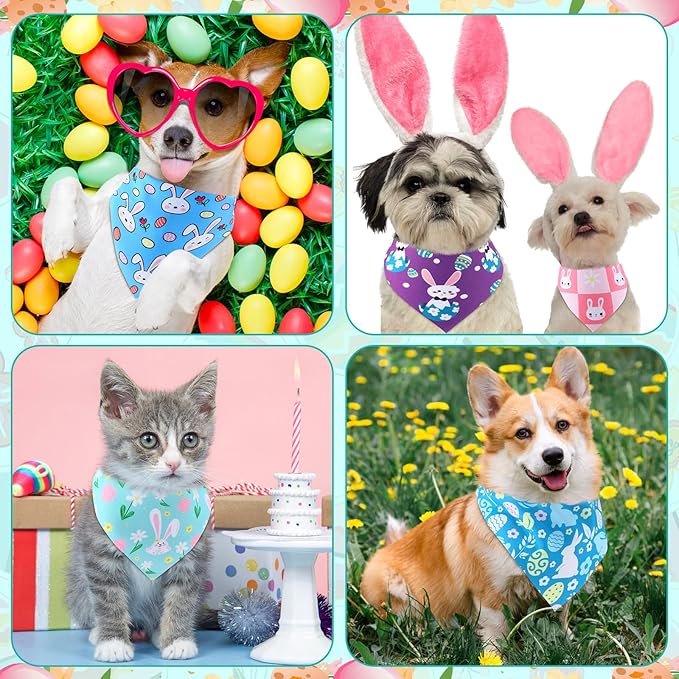 Sanwuta 120 Pcs Easter Dog Bandanas Bulk Rabbits Patterns Bandanas for Dogs Easter Eggs Adjustable Washable Pet Triangle Scarf for Small and Medium Dogs, 30 Styles