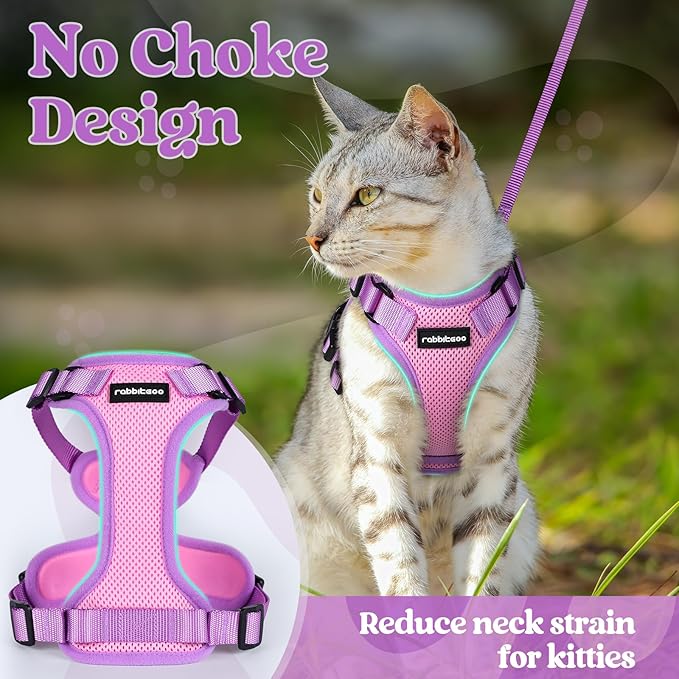 rabbitgoo Cat Harness and Leash Set, Escape Proof Soft Adjustable Vest Harnesses for Outdoor Walking, Easy Control Breathable Kitten Jacket with Reflective Strips, Pink & Purple, S