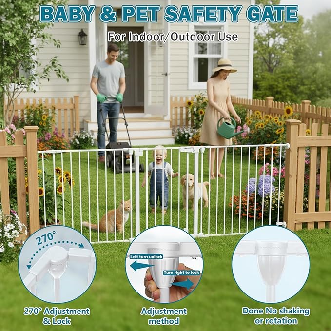 Mumeasy 80" Extra Wide Baby Gate for Doorways, Stairs & Fireplace, Auto Close Dog & Pet Gate with Walk Thru Door, 3 Metal Panels, Hardware Mounted Child Safety Fence for House, Indoor/Outdoor, White