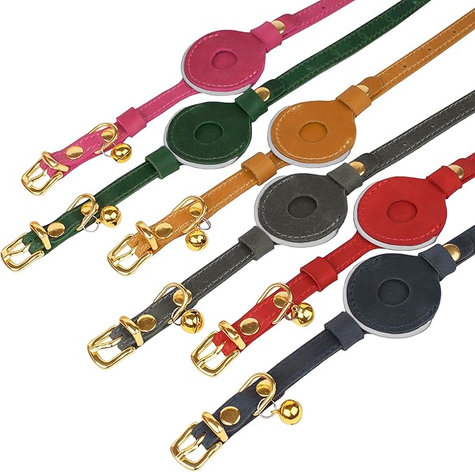 OOPSDOGGY Reflective Leather AirTag Cat Collar with Bell - Non Breakaway Adjustable Pet Collar with Apple Air Tag Holder - Lightweight GPS Kitten Collars for Small Dogs Puppy (Denim)