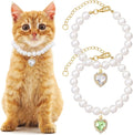 2pcs Cat Pearl Collar with Heart Pendant, Cute Pearl Pet Necklace in Small, Adjustable Wedding Party Small Dog Jewelry Accessories for Puppy Kitten- White & Green