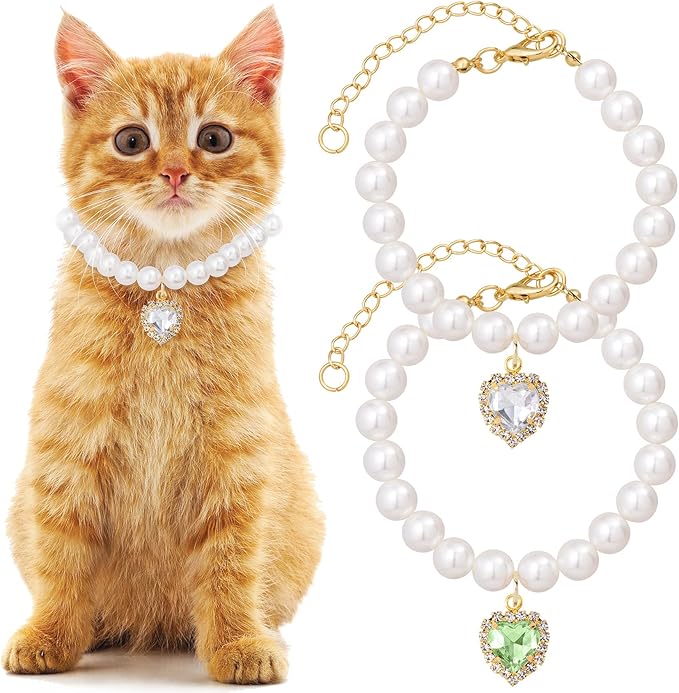 2pcs Cat Pearl Collar with Heart Pendant, Cute Pearl Pet Necklace in Small, Adjustable Wedding Party Small Dog Jewelry Accessories for Puppy Kitten- White & Green