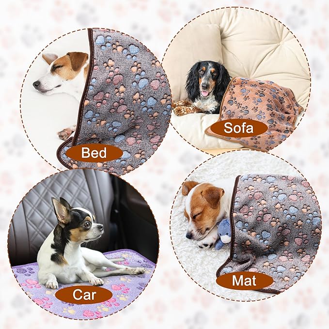 1 Pack 3 Blankets Super Soft Fluffy Premium Fleece Pet Blanket Flannel Paw Printed Throw for Dog Puppy Cat (Small 23x16'', Dark Coffee, Brown, Purple)