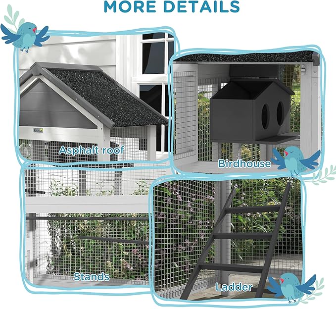 PawHut Wooden Bird Aviary, 67" Outdoor Bird Cage with Slide-Out Tray, Three Doors, Birdhouse, Ladder, Perches for Finches, Parakeets, Gray