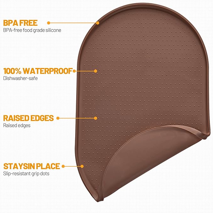 Hubulk 100% Waterproof Silicone Pet Feeding Mat with Raised Edge for Food and Water, Dog Bowl Mats, Cat Bowls Placemat with High Lip Protects Floor for Cats and Dogs (Brown, 19" L x 12" W)