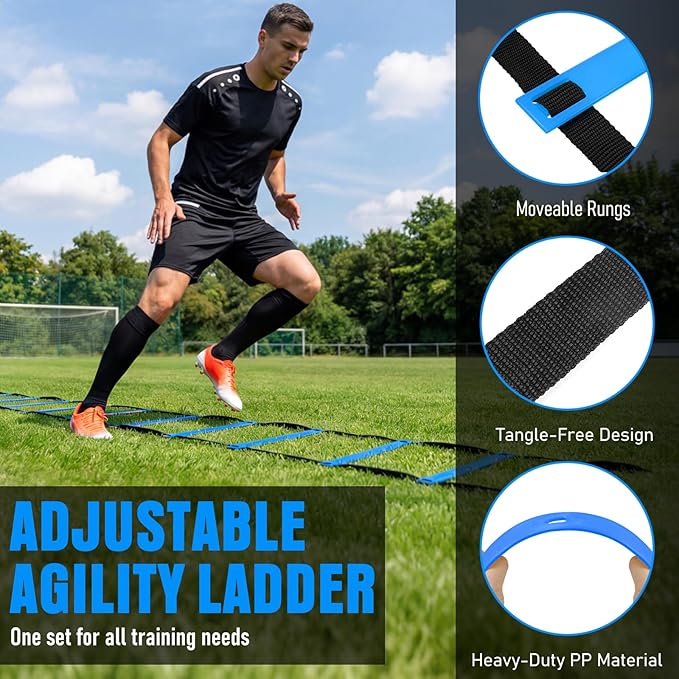 Agility Ladder, Soccer Football Training Equipment Set - 20ft Speed Ladder, 4 Hurdles,Parachute, 12 Cones & Jump Rope | Agility & Speed Training for Kids Youth Adults,Basketball & Football Accessories