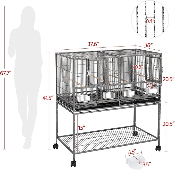 Yaheetech 41.5" Stackable Divided Breeder Breeding Parakeet Bird Cage for Canaries Cockatiels Lovebirds Finches Budgies Small Parrots with Rolling Stand, Black