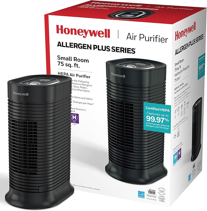 Honeywell HPA060 HEPA Tower Air Purifier, Airborne Allergen Reducer for Small Rooms (75 sq ft), Black - Wildlfire/Smoke, Pollen, Pet Dander, and Dust Air Purifier