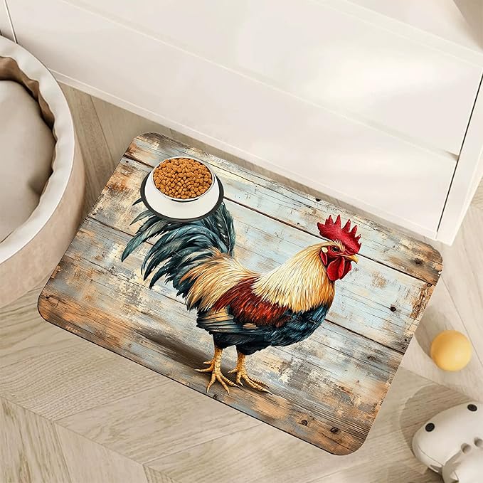 Rooster Dog Food Mat for Floors,Vintage Wood Panel Absorbent Quick-Dry Pet Feeding Mat,Cat Dog Bowl Mats for Food and Water,Non-Slip Pet Accessories Supplies 16"x24"