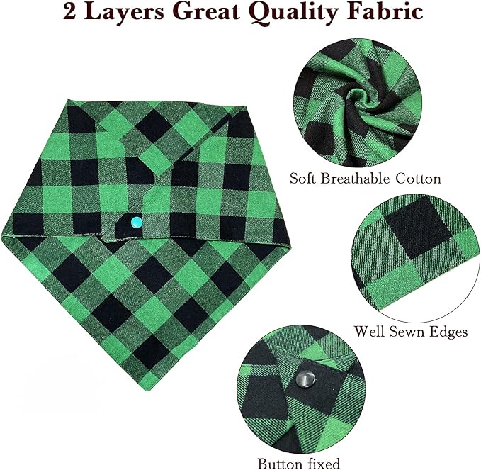 Christmas Plaid Dog Bandana with Button, Fall Dual Layer Scarf Soft Cotton Triangle Bib Girls and Boys Kerchief Adjustable Accessories for Small Medium Large Extra Large Dog Puppy Pet Cat