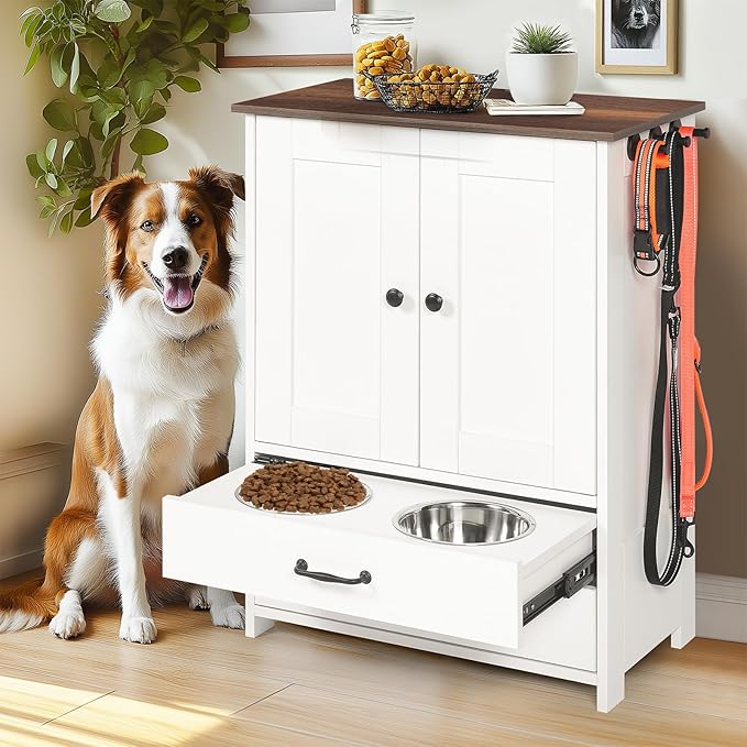 Dog Feeding Station with Storage Cabinet, 2 Adjustable Elevated Dog Bowls, Hidden Pull-Out Pet Feeder, Pet Food & Toy Organizer for Dogs & Cats