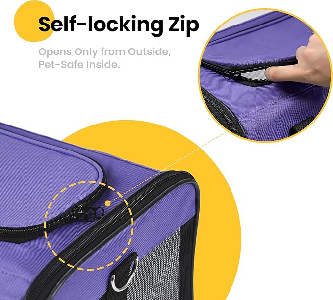 Cat Carrier Airline Approved, Soft-Sided Dog Carrier with Inner Safety Leash, Pet Transport Carrier for Small-Medium Cats Puppies up to 15 Lbs, Collapsible Travel Kitten Carrier Bag -Purple M