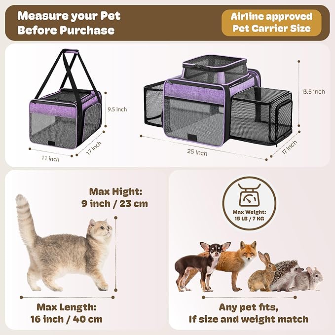 Top and 2 Sides Expandable Pet Carrier 17x11x9.5, TSA Airline Approved Small Dog Carriers for Small Dogs, Soft-Sided Cat Carrier with Self-Locking Zippers for Kitten,Rabbit, Puppy, Guinea Pig Purple