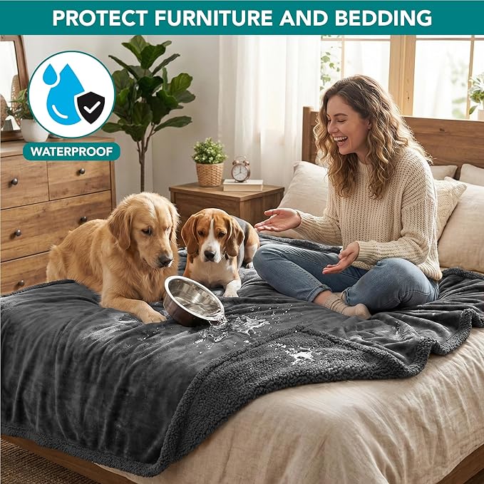 PetAmi Waterproof Dog Blanket for Queen Bed Large XL Dog Throw for Couch Cover Leakproof Furniture Protection, Sherpa Fleece, Reversible Soft Washable 90x90 Gray Gray