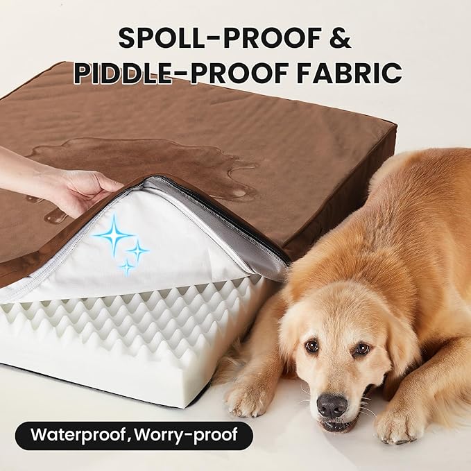 OhGeni Orthopedic Waterproof Dog Bed for Large Dogs, Machine-Washable Removable Cover in Easy-Clean Fabric, High Density Foam & Easy-Carry Handle, Suitable for Crate, 41 inch (Brown)