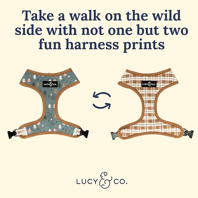 Lucy & Co. Take a Hike Reversible Dog Harness - Best Designer Pet Harnesses for XS - XL Dogs - Padded Adjustable Vest for Easy Walking (X-Small, Neutral Brown Plaid with Blue Trees)