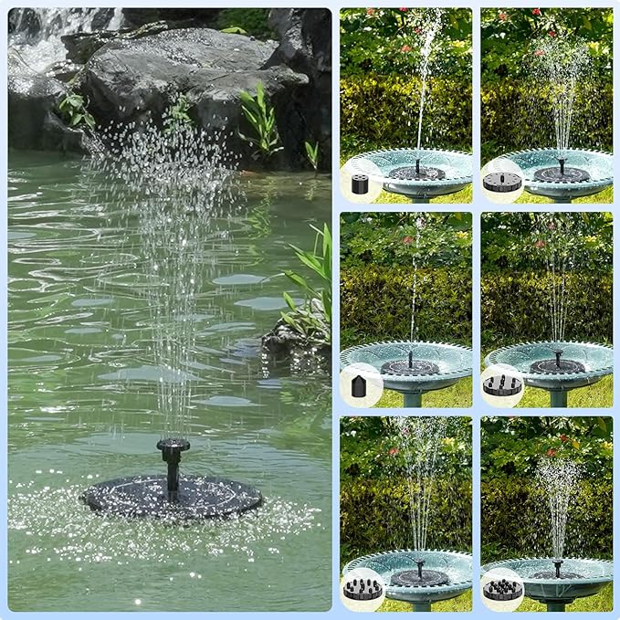 Solar Fountain, 1.5W Solar Bird Bath Fountains Pump Floating Solar Powered Water Fountain with 6 Nozzles and Fixer, Solar Fountain for Bird Bath, Outdoors, Garden, Pond, Pool