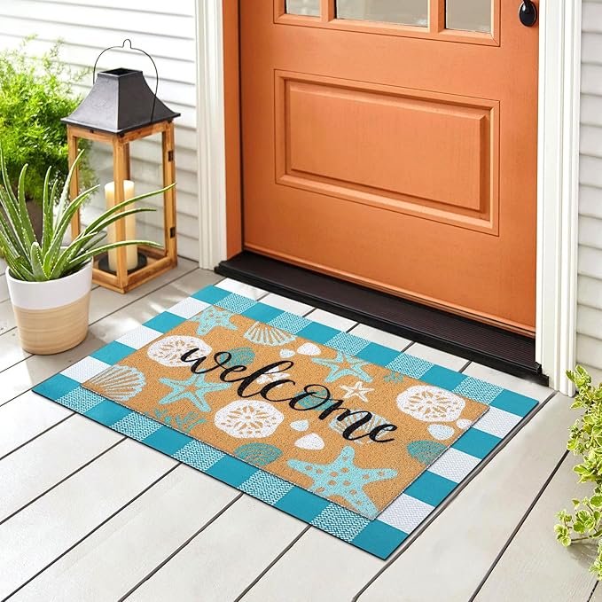 Tinideya 2 Pcs Summer Door Mat Coastal Beach Welcome Non Slip Coir Mats Sea Style Starfish Seashells Ocean Buffalo Plaid Floor Layering Doormats Seasonal for Front Porch Entryway Decor(Summer Beach)