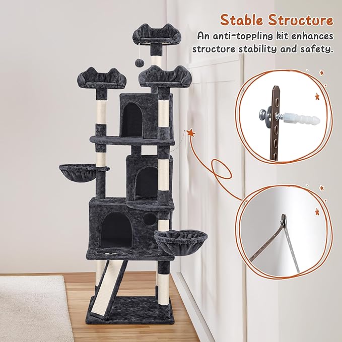 Yaheetech 76.5in Multi-Level Large Cat Tree, Big Cat Tower with 3 Condos, Cozy Plush Perches, 9 Sisal Scratching Posts and Ladder, Activity Center for Large Kitties, Black