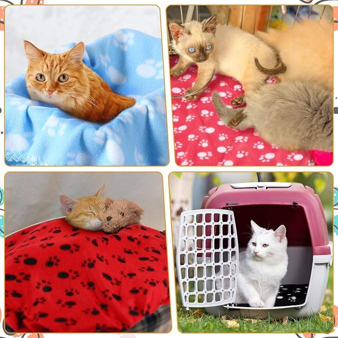 Tegeme 12 Pieces Fleece Blankets for Pets Dog Puppy Paw Print Cat Bedding Cover Blanket for Small Animals Pig Cage Liner Sleep Mat Pad Kitten Soft Warm(Cute Style,16 x 24 Inches)