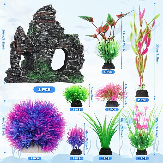 10pcs Aquarium Artificial Plastic Plants Decorations and Rock Cave Decor Set, Fish Tank Accessories Small Large Fish Bowl Ornaments Set
