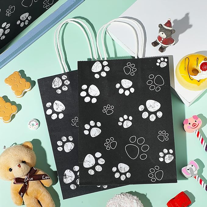 Blulu 20 Pcs Puppy Dog Paw Gift Bags with Paper Twist Handles, Dog Gift Paper Paw Treat Goodie Bags for PET Treat Party Favor, 6.3 x 3.1 x 8.6 Inch(Black Backing)