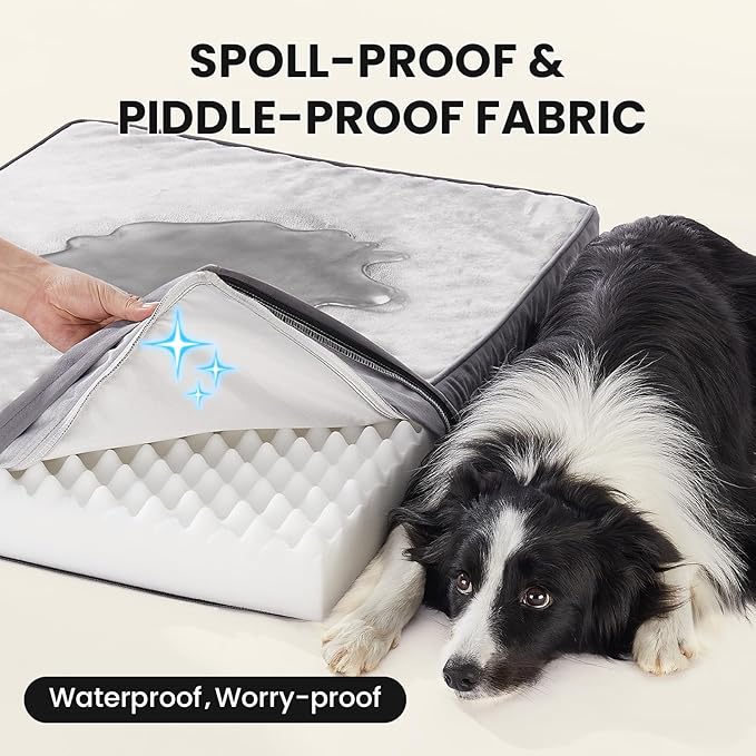 OhGeni Orthopedic Waterproof Dog Bed for Medium Large Dogs, Machine-Washable Removable Cover in Easy-Clean Fabric, High Density Foam & Easy-Carry Handle, Suitable for Crate, 35 inch (Gray)