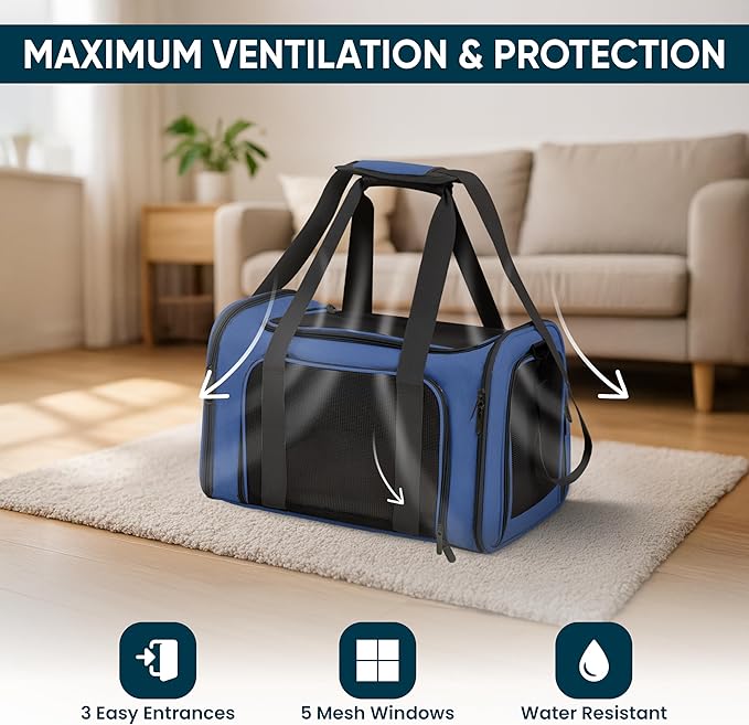 Pet Travel Carrier Bag – Airline Approved Soft-Sided Dog & Cat Carrier, Foldable, Breathable Mesh, Washable Pad – Fits Pets up to 15 lbs – The Pup Quartet (Blue)