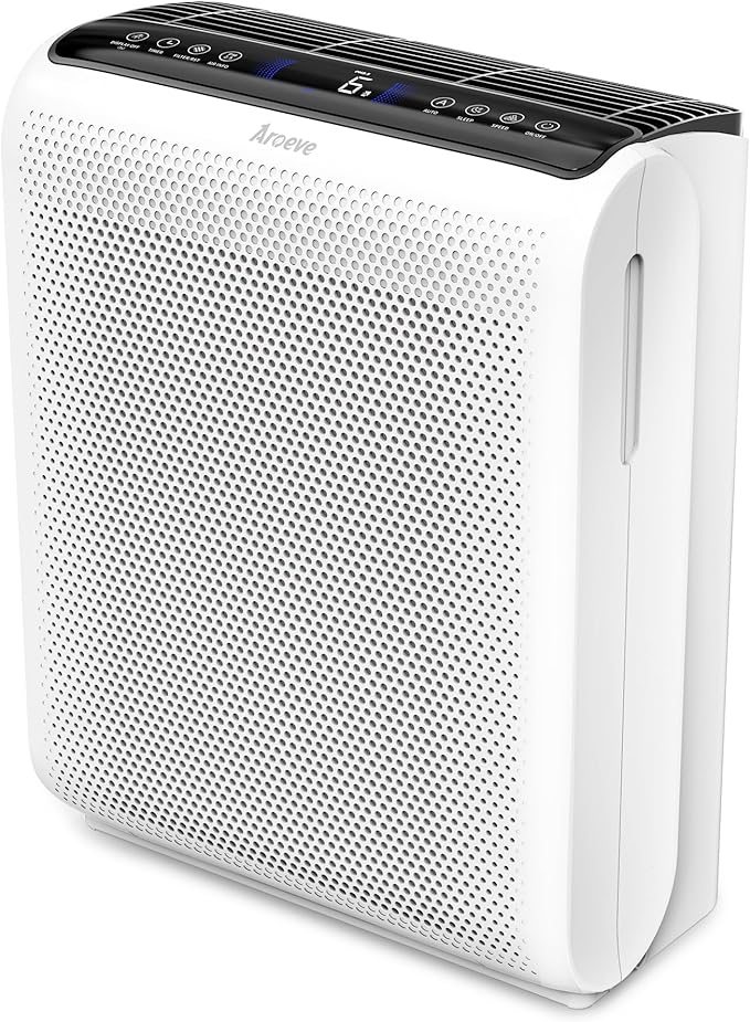 AROEVE Air Purifiers for Bedroom Home Large Room Up to 1504 Ft², 5 Layer Filter for Smoke Pollen Allergies Pet Dander Odor, Air Quality Monitor, Sleep Mode, Timer for Office, Dorm, Kitchen, MK07 White
