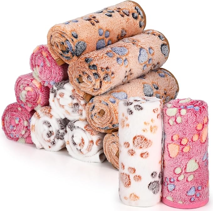 Tegeme 12 Pcs Pet Blankets Soft Fluffy Fleece Dog Cat Warm Paw Print Pattern Blankets Flannel Throw for Pets Dog Puppy Cat(23 x 16 Inch,Pink,Beige,Camel)