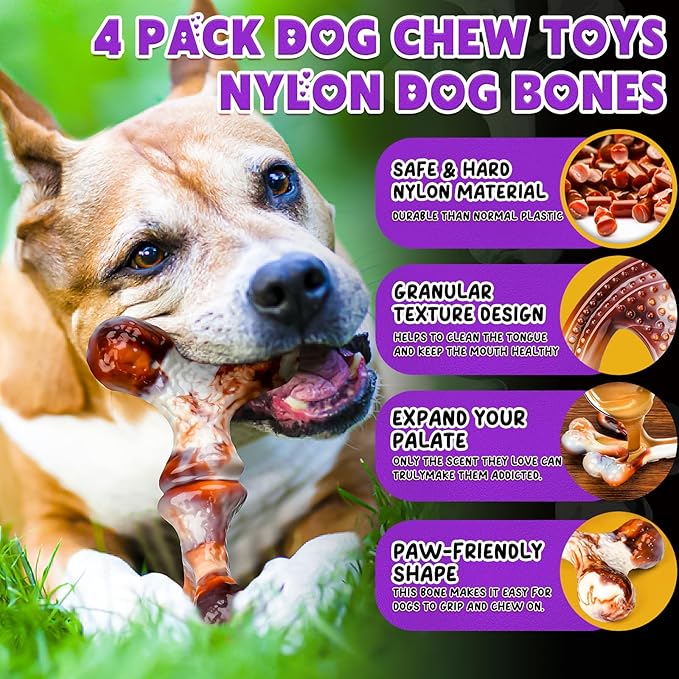 4 Pack Dog Chew Toys for Aggressive Chewers - Tough Indestructible Dog Toys with Bacon Flavor- Durable Nylon Bones Toy for Small Medium Large Breed - Puppy Gifts