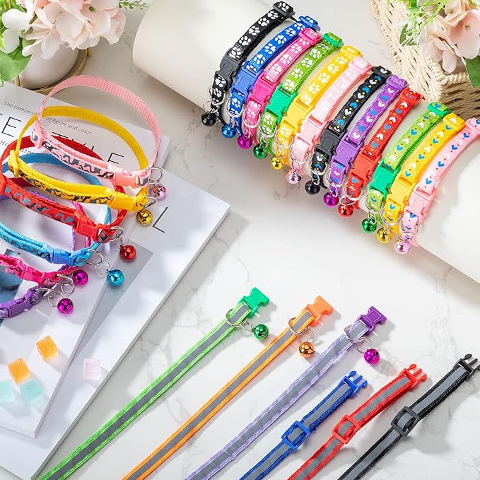 Yunsailing 24 Pcs Cat Collars with Bells for Litter Cat Puppy Soft Nylon Whelping Adjustable Reflective Kitten Collars for Newborn Pets Dogs Kitten, Assorted Colors