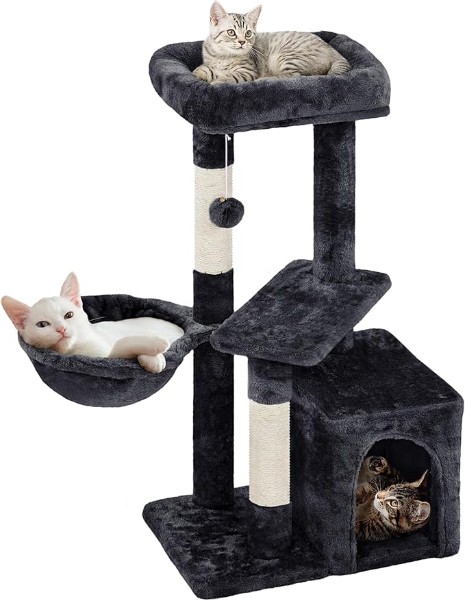 Topeakmart Cat Tree Tower for Indoor Cats, 34.5in Cute Cat Tree Activity Center with Condo & Scratching Post, Multi-Level Cat Climbing Tower Play House w/Large Perch, Platform, Basket, Black