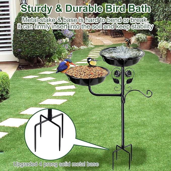 32.7 Inch Metal Bird Bath for Outside, Double Bowls Bird Baths for Outdoors, Freestanding Birdbaths for Outdoors Garden Decor, Bird Feeders Stand for Outdoors with Metal Stake,Garden Decor for Outside
