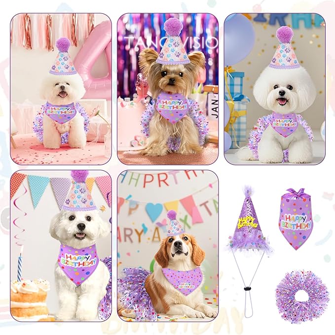 Dog Birthday Bandana with Hat and Dress Girl Set Puppy Birthday Party Supplies Cute Tutu Skirt Outfit for Small Medium Large Dogs Decorations(Purple) (Light Purple)